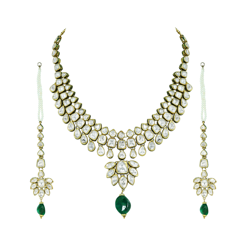 Layered Polki Necklace Set with Emerald Pendant and Kanoti Earrings